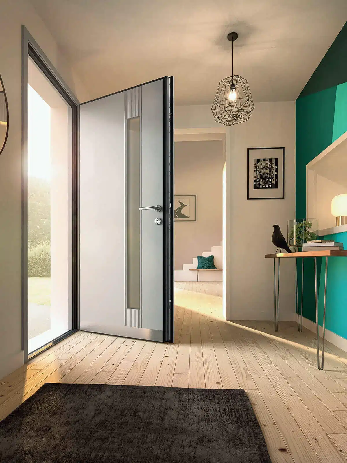 Installation d’une porte d’entrée contemporaine K-Line en aluminium gris anthracite à Antibes. Modèle moderne avec vitrage vertical intégré, alliant design, isolation thermique et sécurité renforcée.